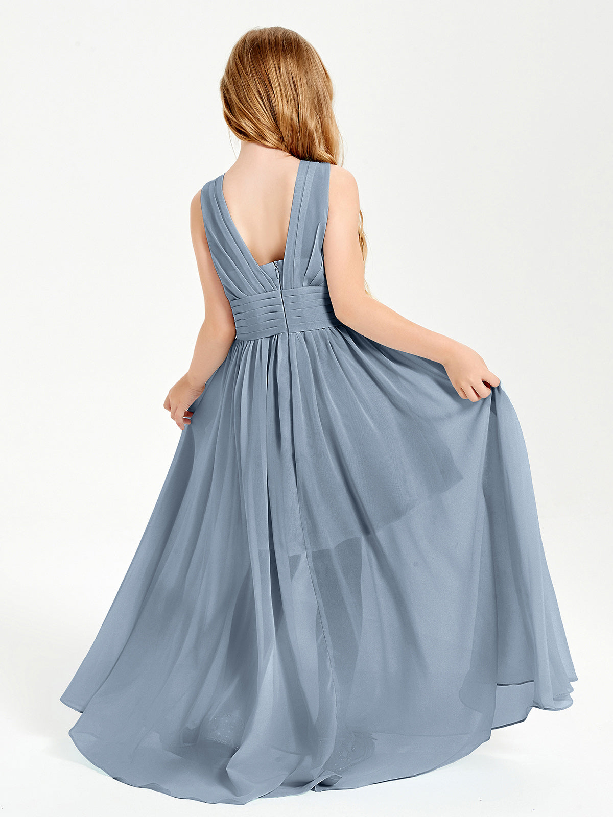 Long V-neck Junior Bridesmaid Dresses Dusty Blue